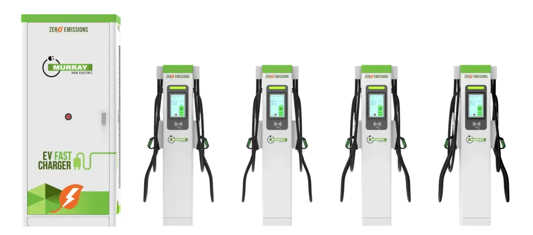 A Murray Electric EV fast-charger cabinet alongside four WeVolt charging units — the hardware Oasis Electrical supplies and installs.
