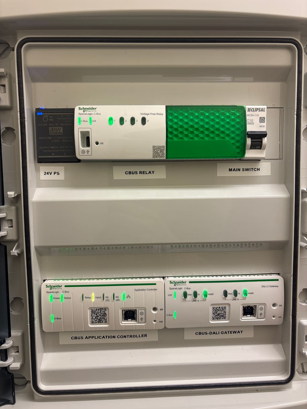 The new C-Bus control enclosure with the application controller, DALI-2 gateway and relay