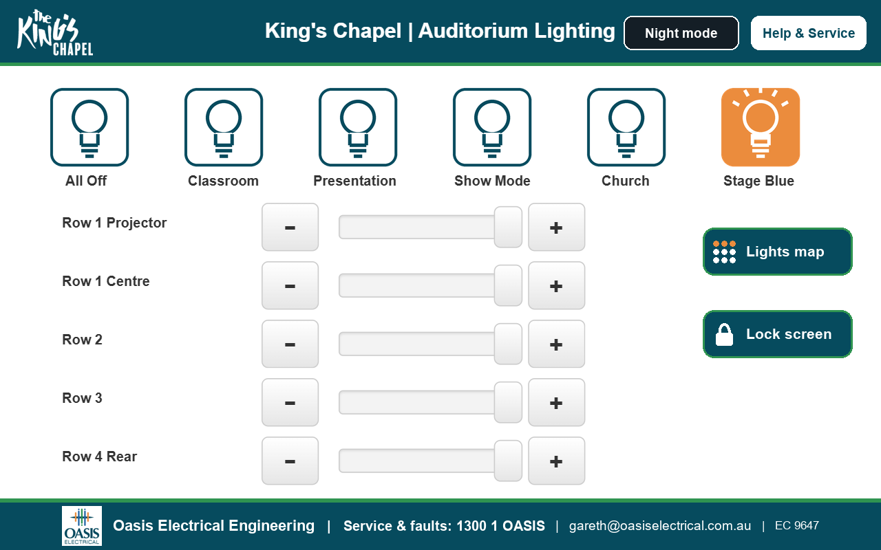 The King's Chapel lighting touchscreen showing five scenes, a Stage Blue button and a dimming slider for each row