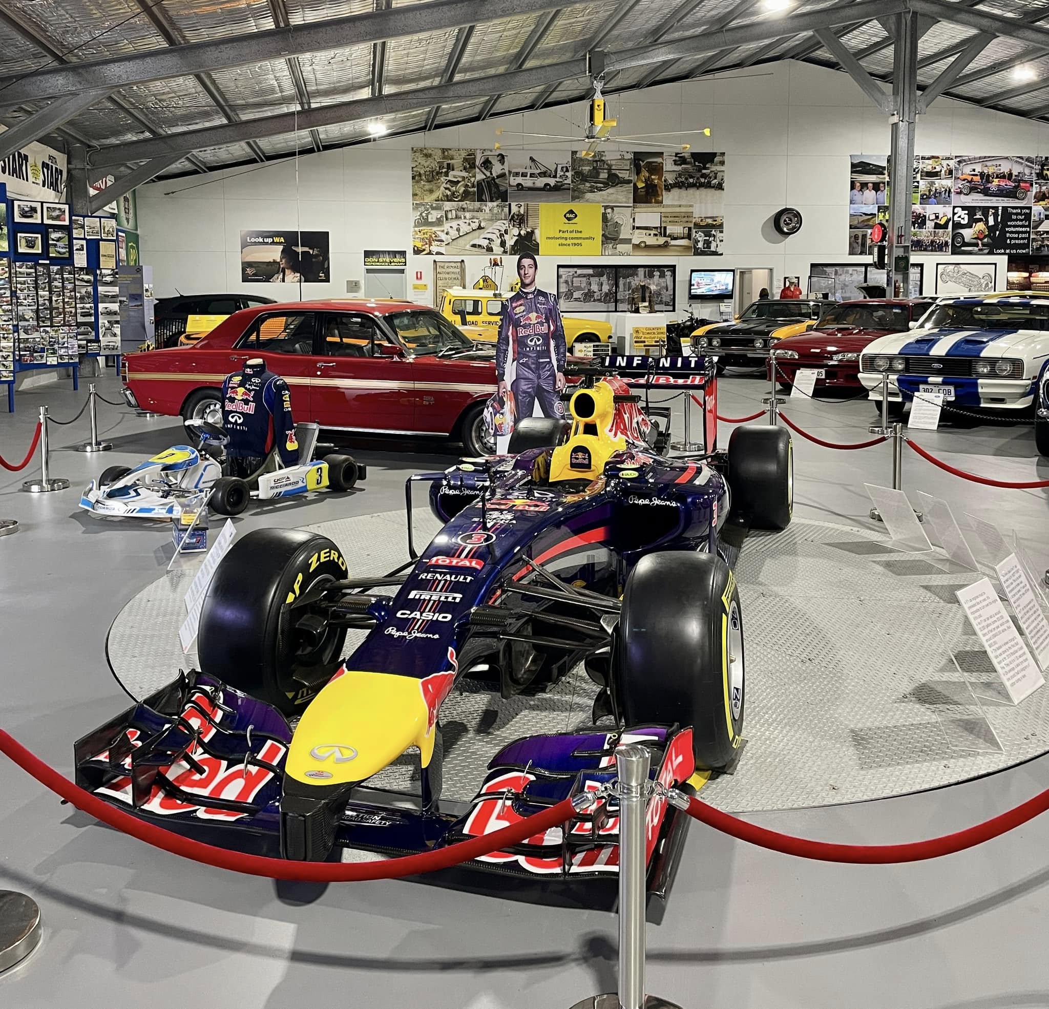 Big Ass Fan overhead in the Motor Museum of WA display hall, with a Red Bull Formula 1 car below.